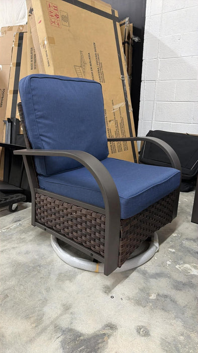 Brand new Patio outdoor set with sofa 2 gliding swivel chairs and gas firepit table