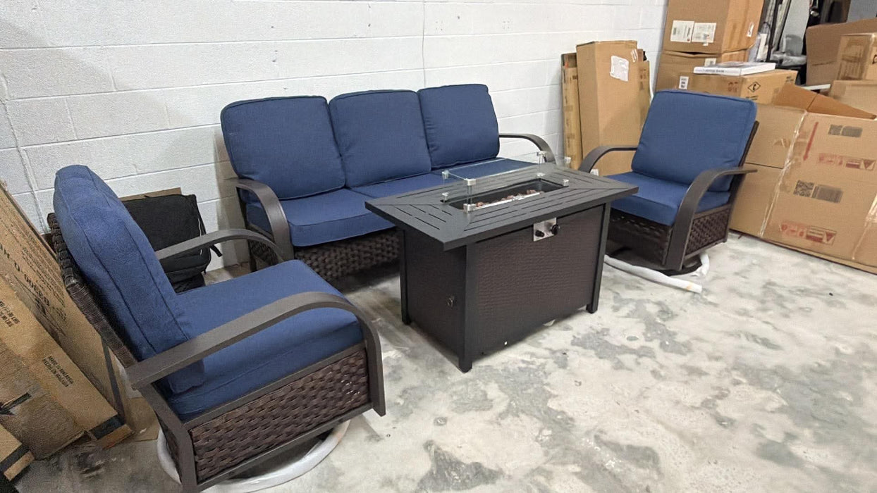 Brand new Patio outdoor set with sofa 2 gliding swivel chairs and gas firepit table