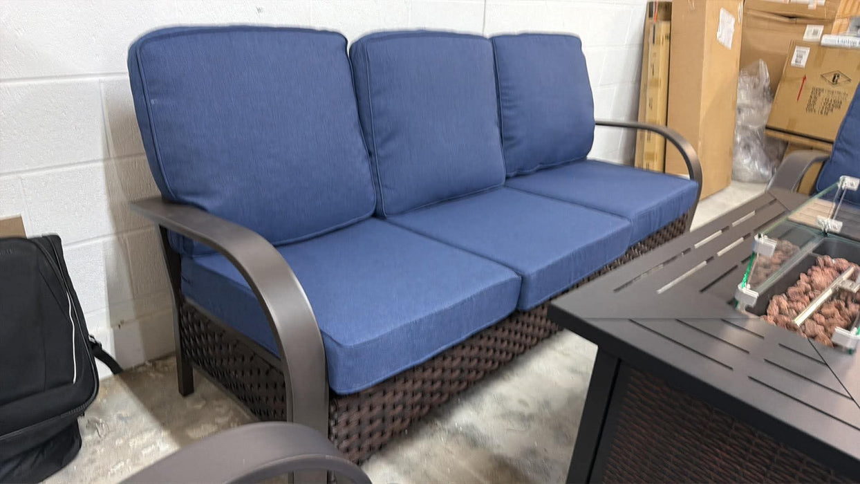 Brand new Patio outdoor set with sofa 2 gliding swivel chairs and gas firepit table