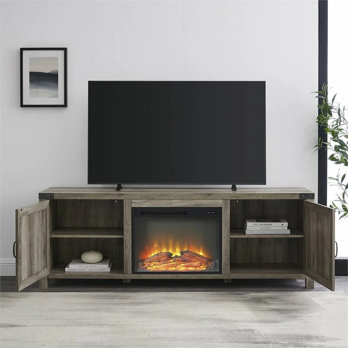 Farmhouse Barn Door Fireplace TV Stand for TVs up to 80" in Gray Wash