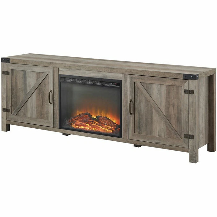 Farmhouse Barn Door Fireplace TV Stand for TVs up to 80" in Gray Wash