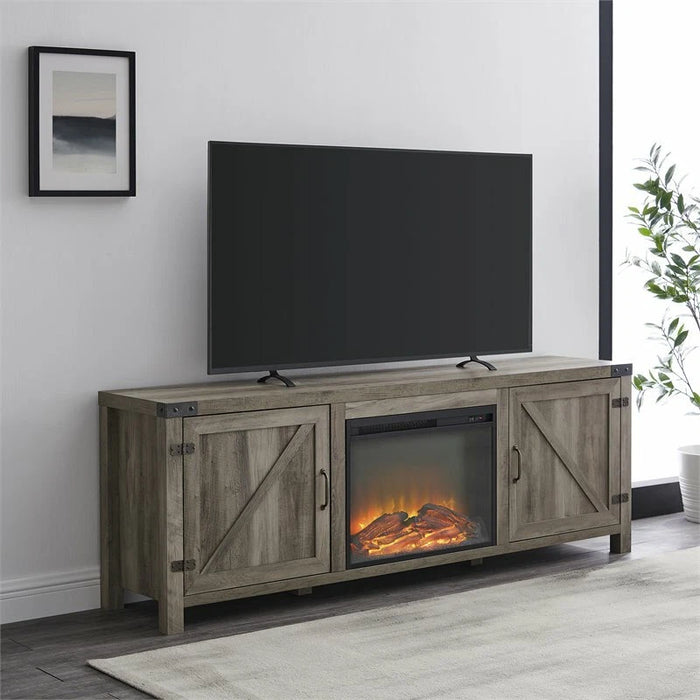 Farmhouse Barn Door Fireplace TV Stand for TVs up to 80" in Gray Wash